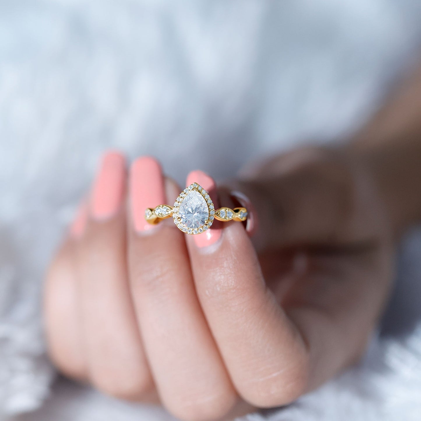 Moissanite Teardrop Engagement Ring with Scalloped Shank