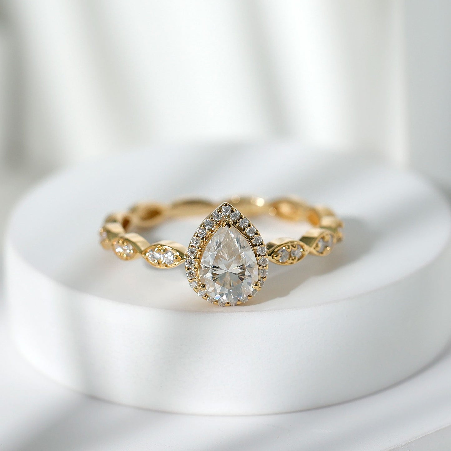 Moissanite Teardrop Engagement Ring with Scalloped Shank