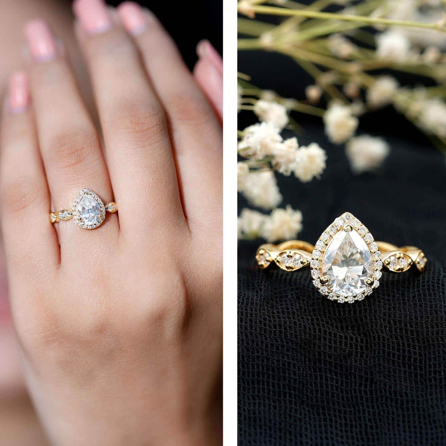 Moissanite Teardrop Engagement Ring with Scalloped Shank