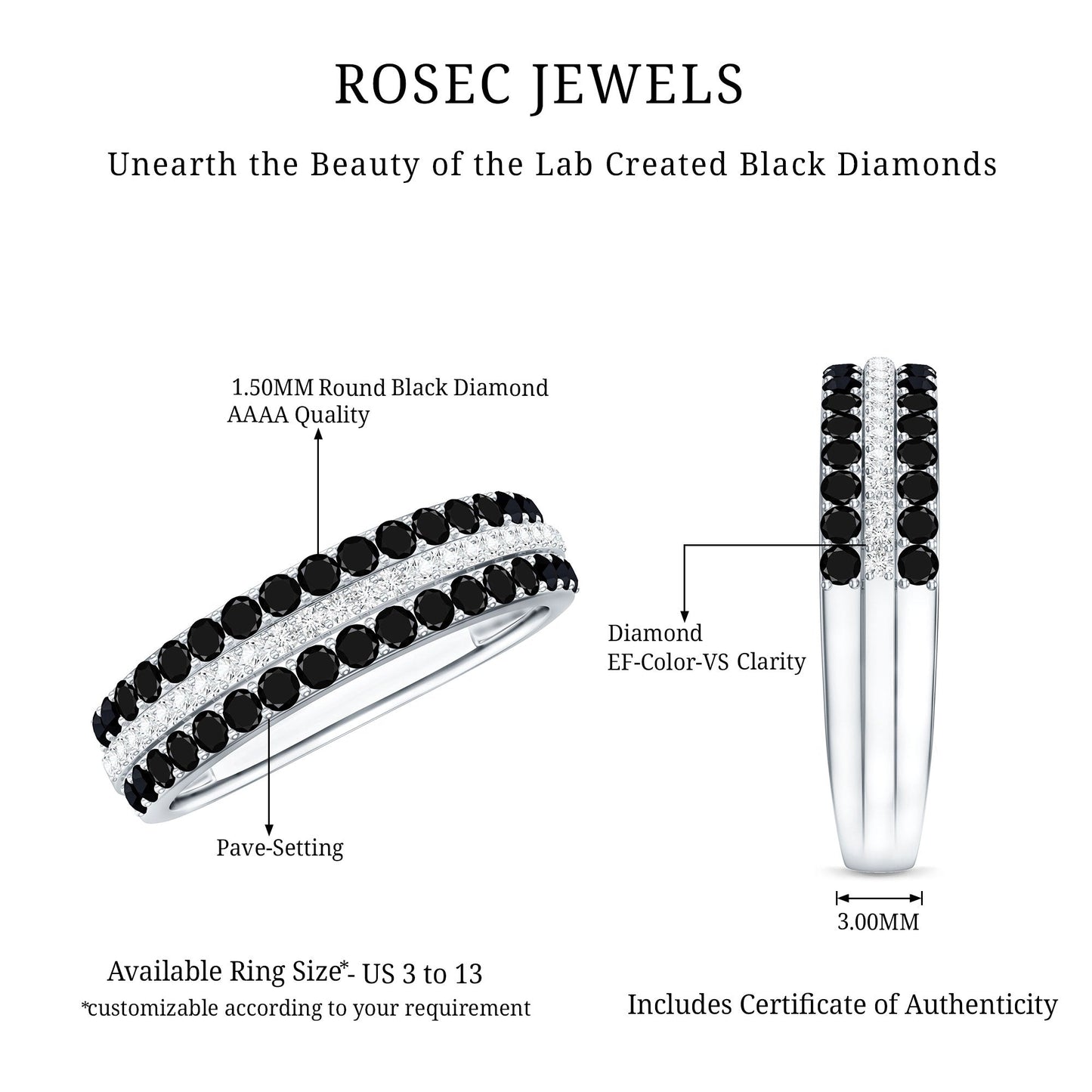 Certified Lab Grown Black and White Diamond Three Row Wedding Band