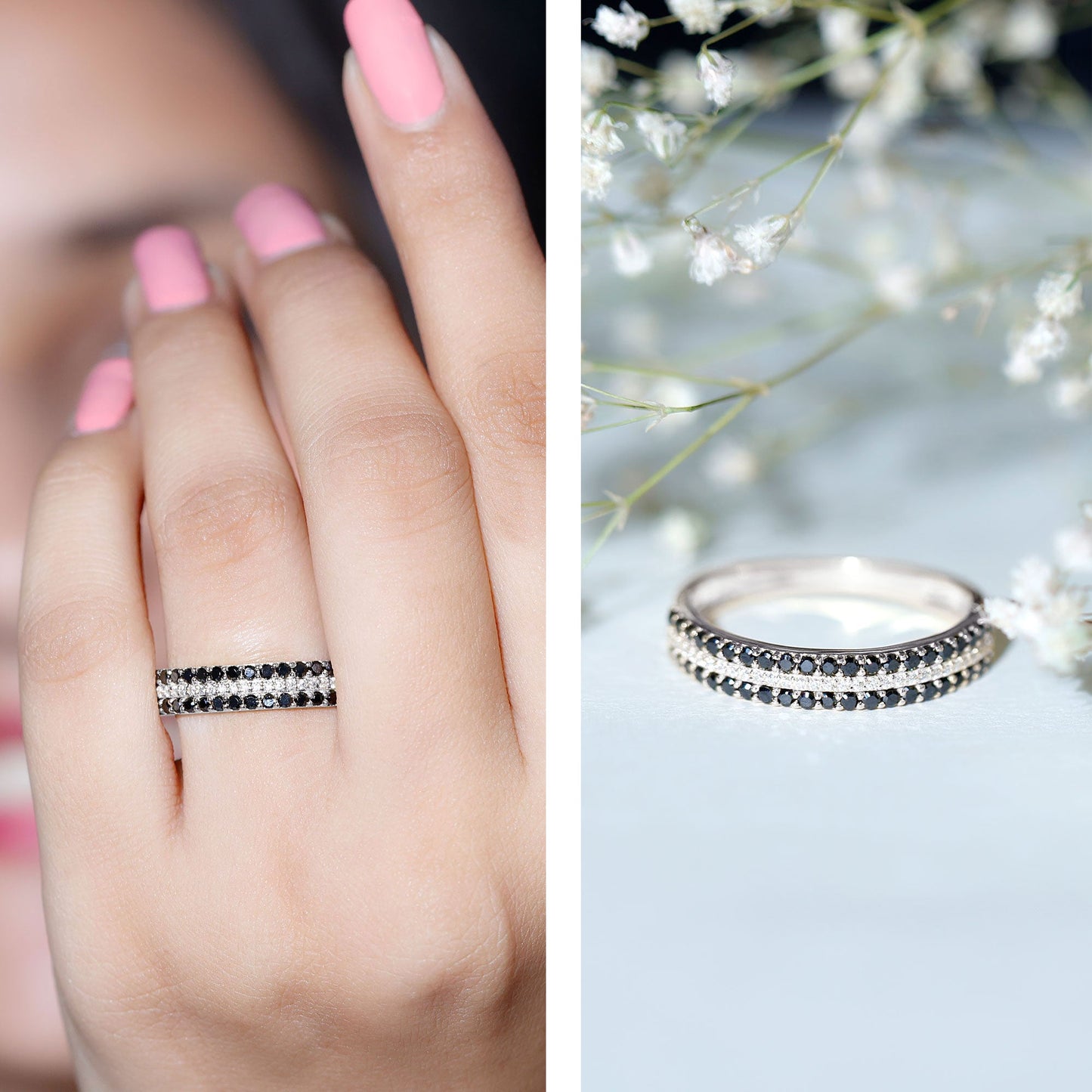 Certified Lab Grown Black and White Diamond Three Row Wedding Band
