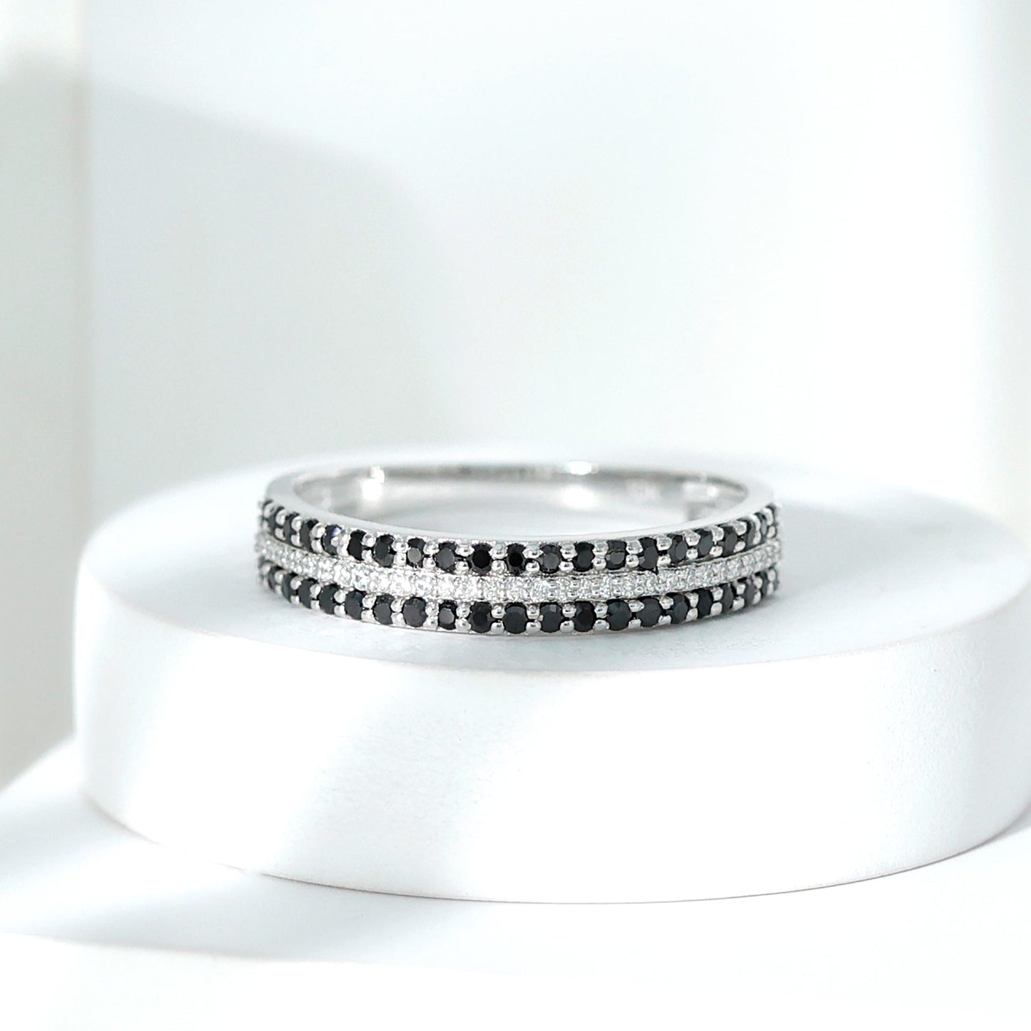 Certified Lab Grown Black and White Diamond Three Row Wedding Band