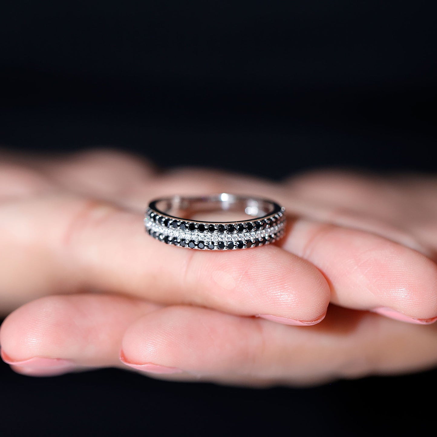 Certified Lab Grown Black and White Diamond Three Row Wedding Band