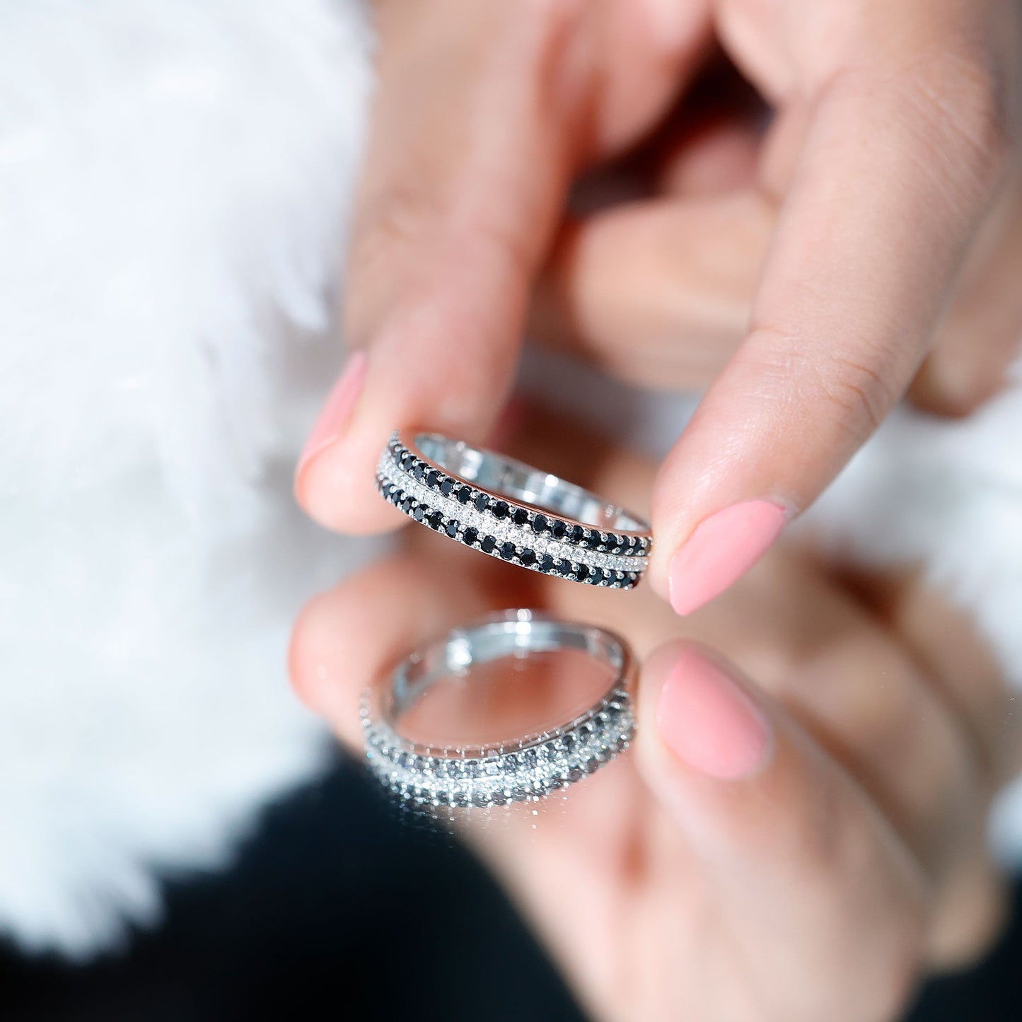 Certified Lab Grown Black and White Diamond Three Row Wedding Band