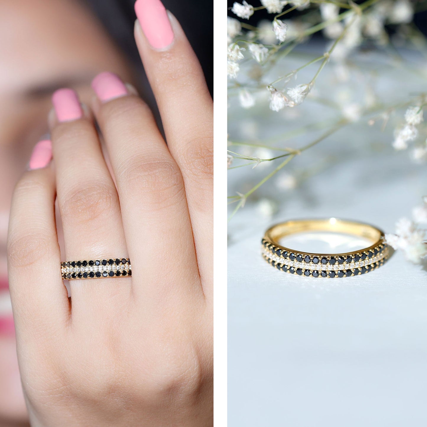 Certified Lab Grown Black and White Diamond Three Row Wedding Band