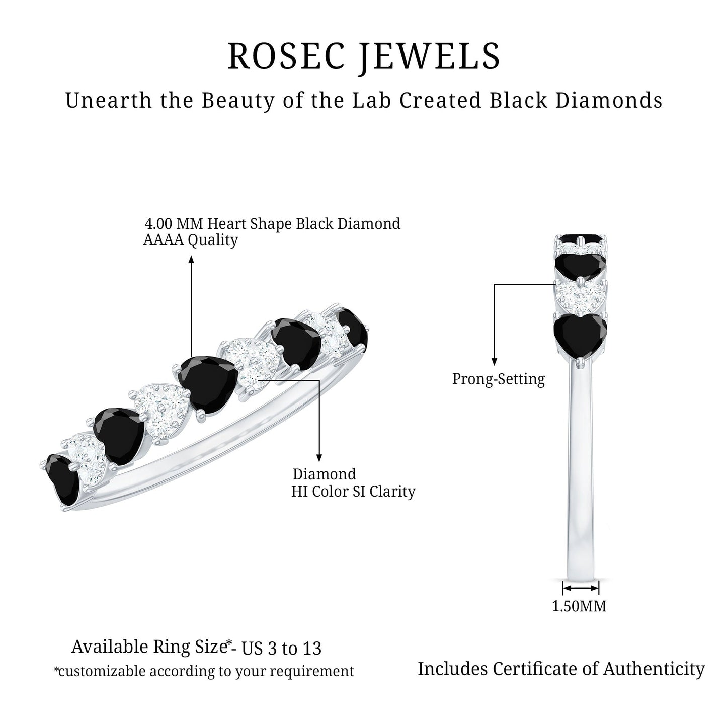 Lab Created Black Diamond Heart Half Eternity Ring with Diamond