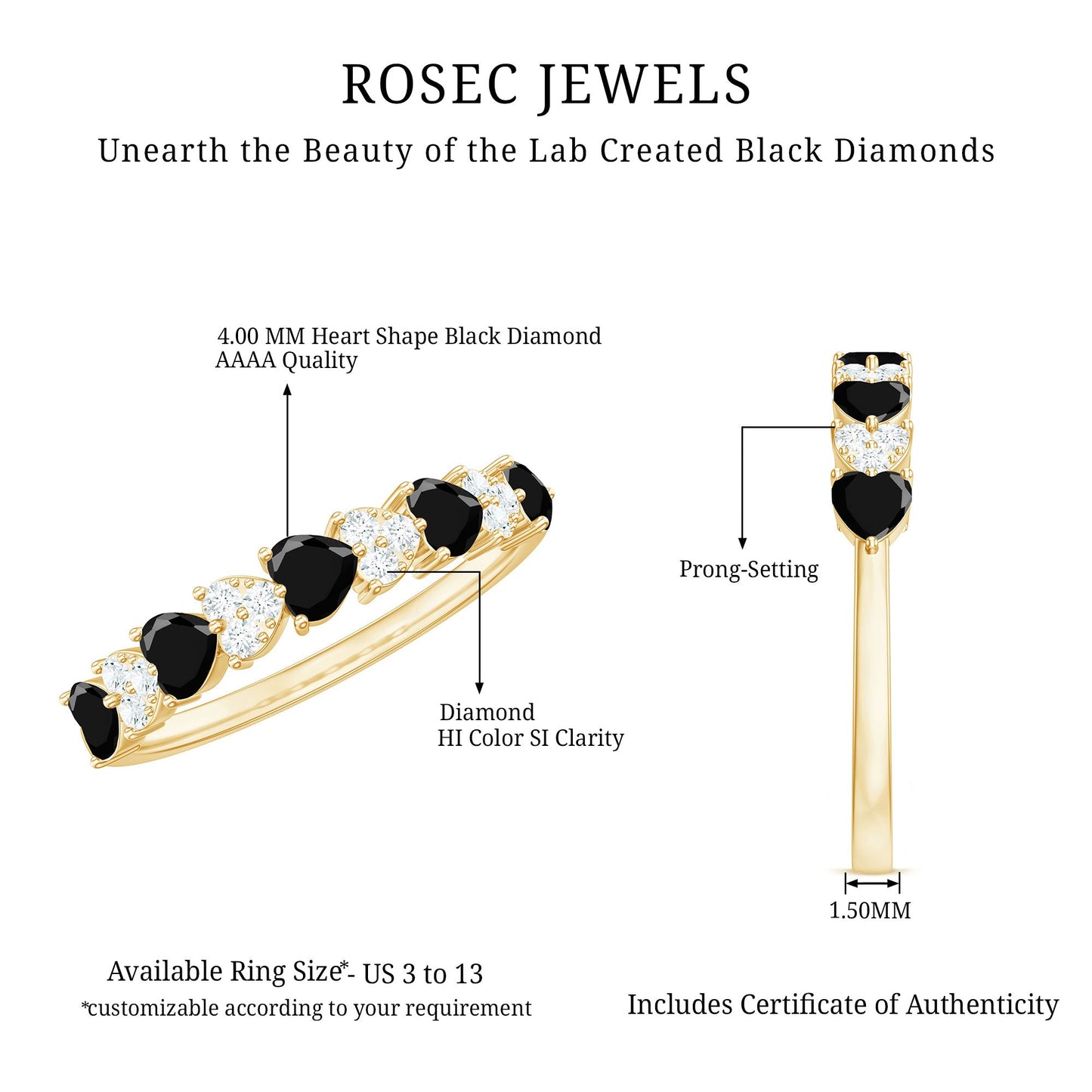 Lab Created Black Diamond Heart Half Eternity Ring with Diamond