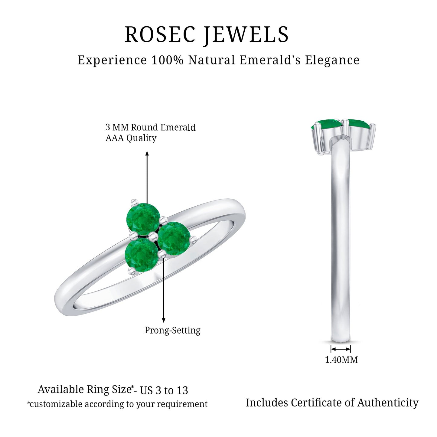 Natural Emerald 3 Stone Promise Ring with Certificate