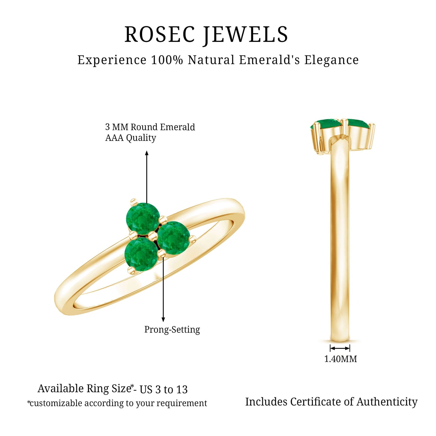 Natural Emerald 3 Stone Promise Ring with Certificate