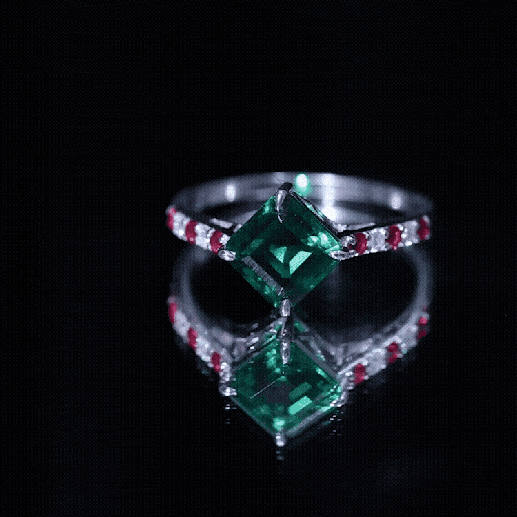 6 Carat Lab Created Emerald Engagement Ring with Lab Ruby and Diamond