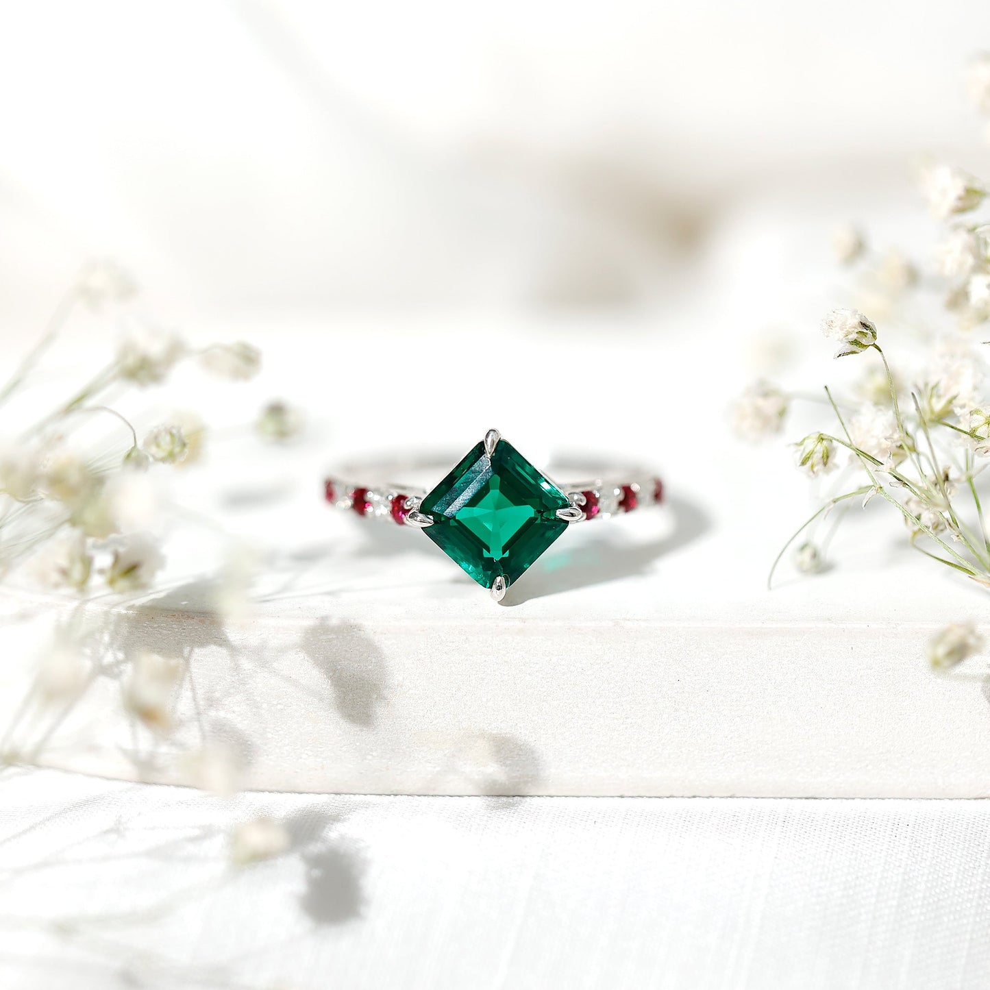 6 Carat Lab Created Emerald Engagement Ring with Lab Ruby and Diamond