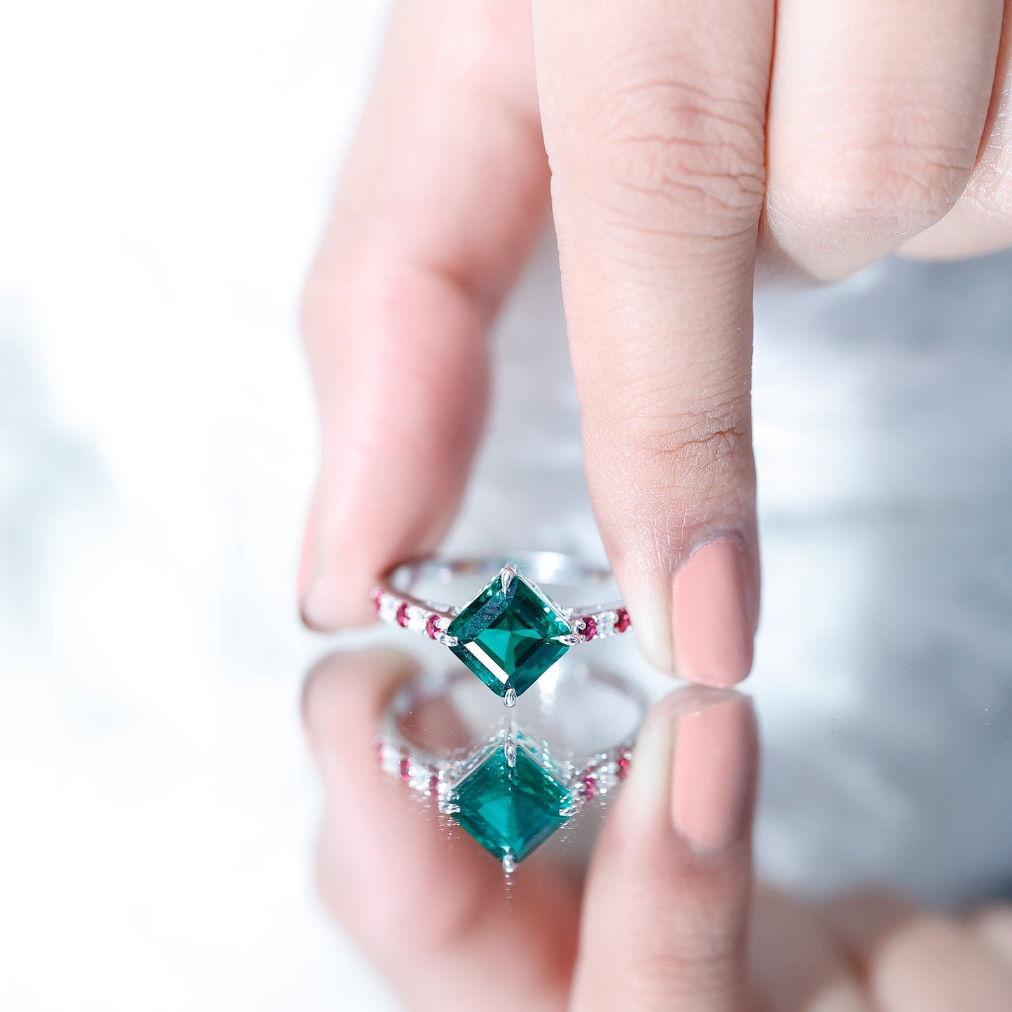 6 Carat Lab Created Emerald Engagement Ring with Lab Ruby and Diamond