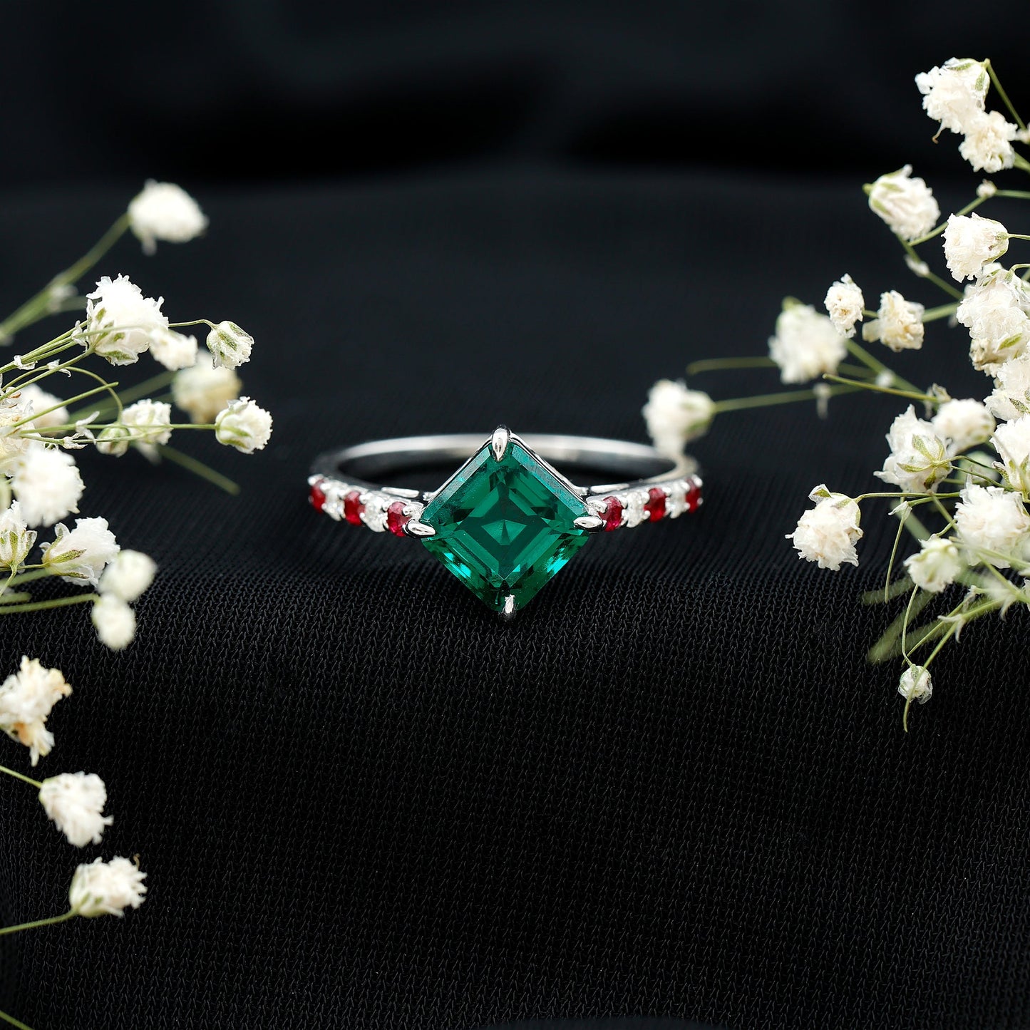 6 Carat Lab Created Emerald Engagement Ring with Lab Ruby and Diamond