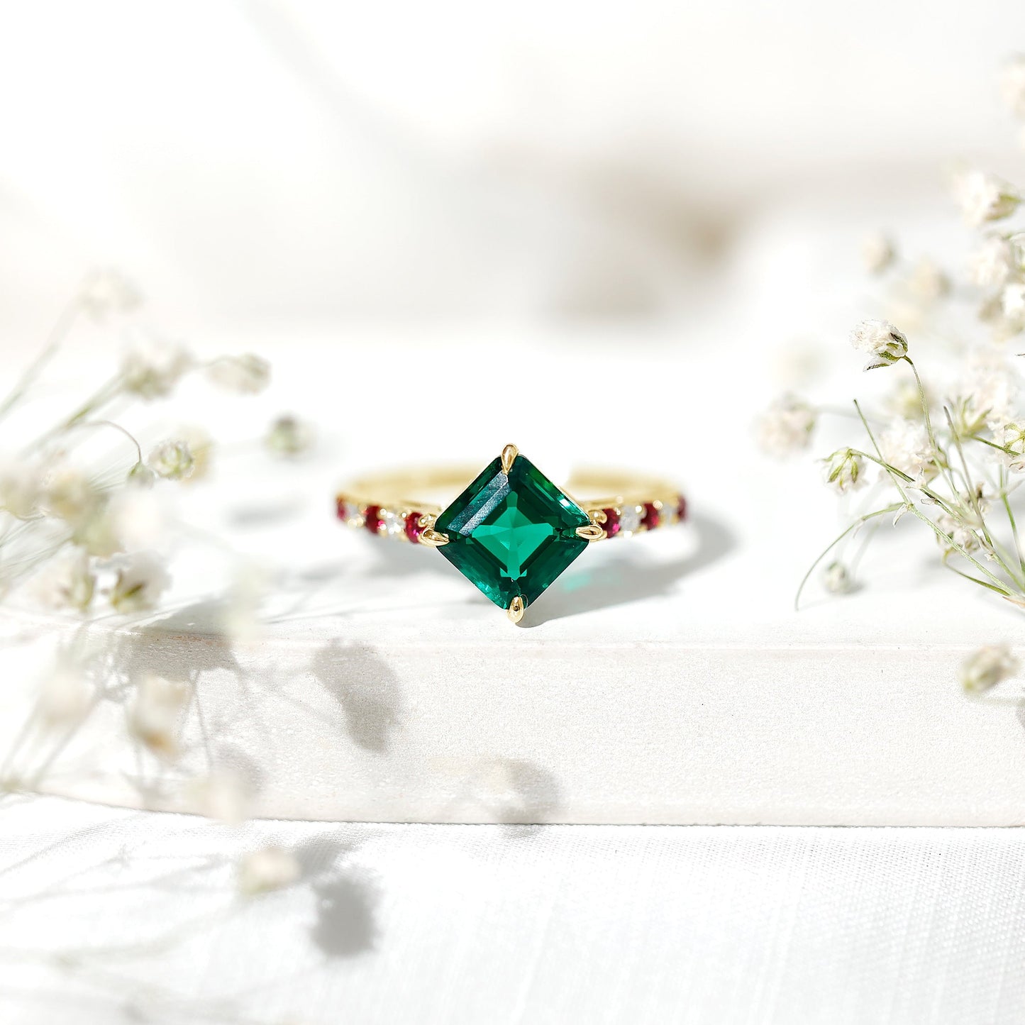 6 Carat Lab Created Emerald Engagement Ring with Lab Ruby and Diamond