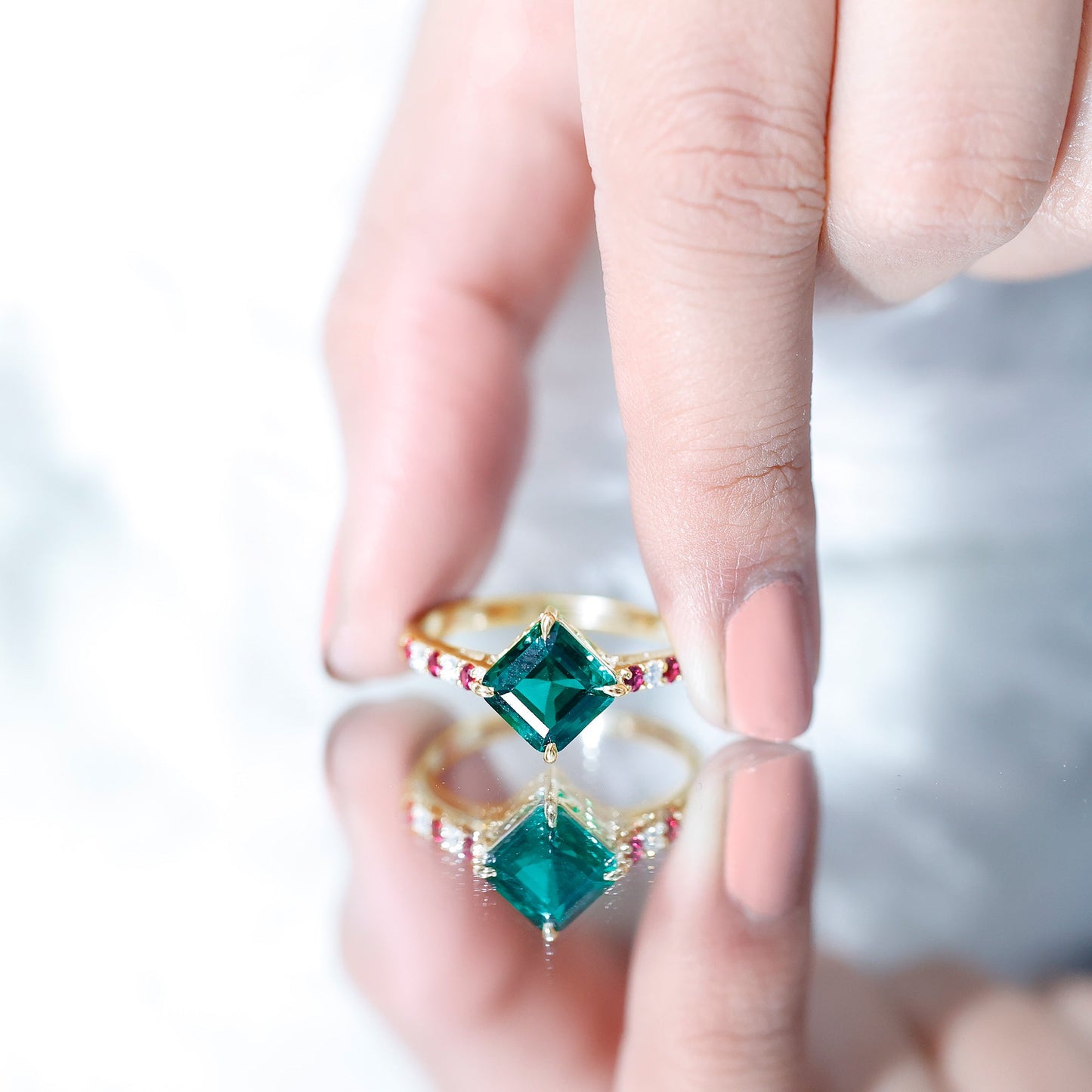 6 Carat Lab Created Emerald Engagement Ring with Lab Ruby and Diamond