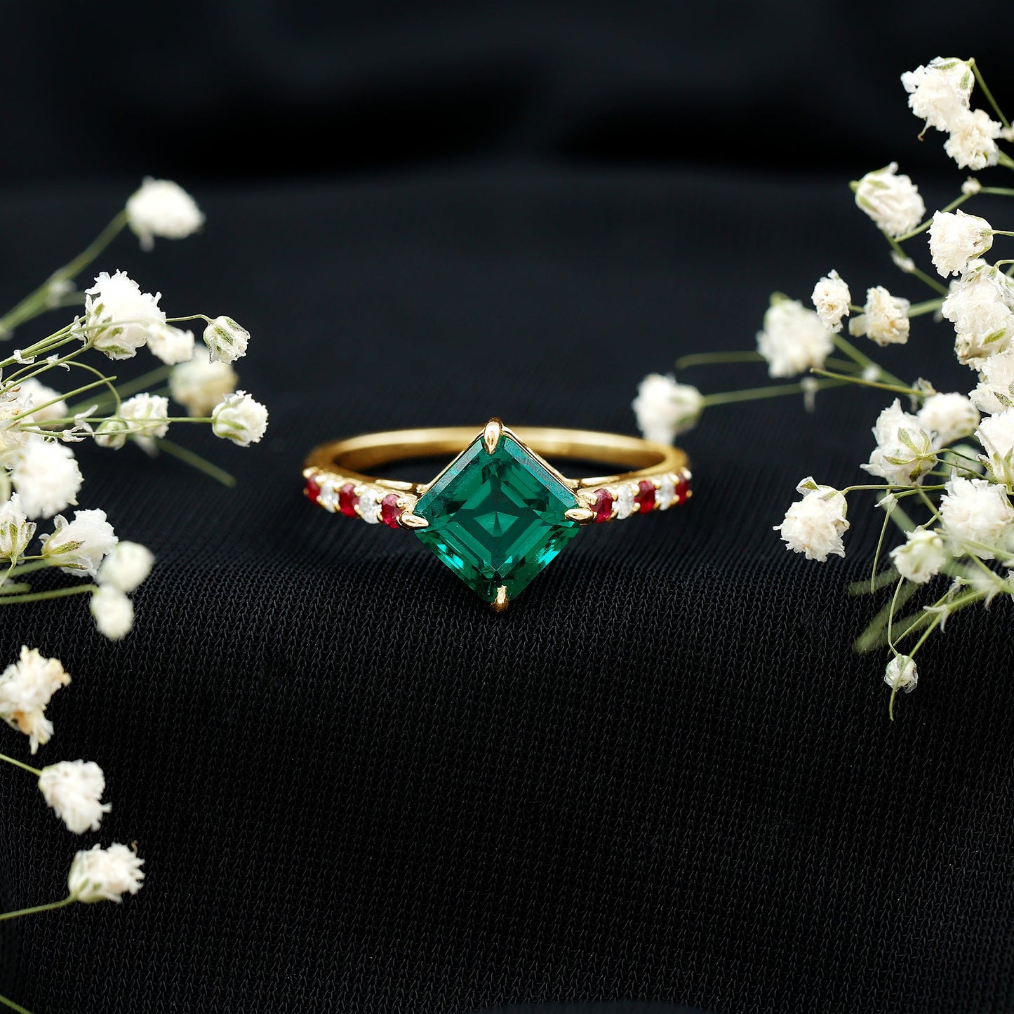 6 Carat Lab Created Emerald Engagement Ring with Lab Ruby and Diamond