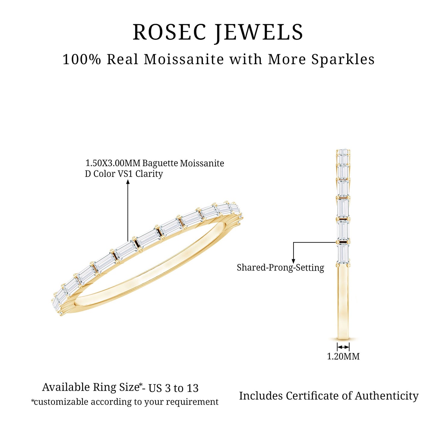 Baguette Shape Moissanite Half Eternity Stackable Ring