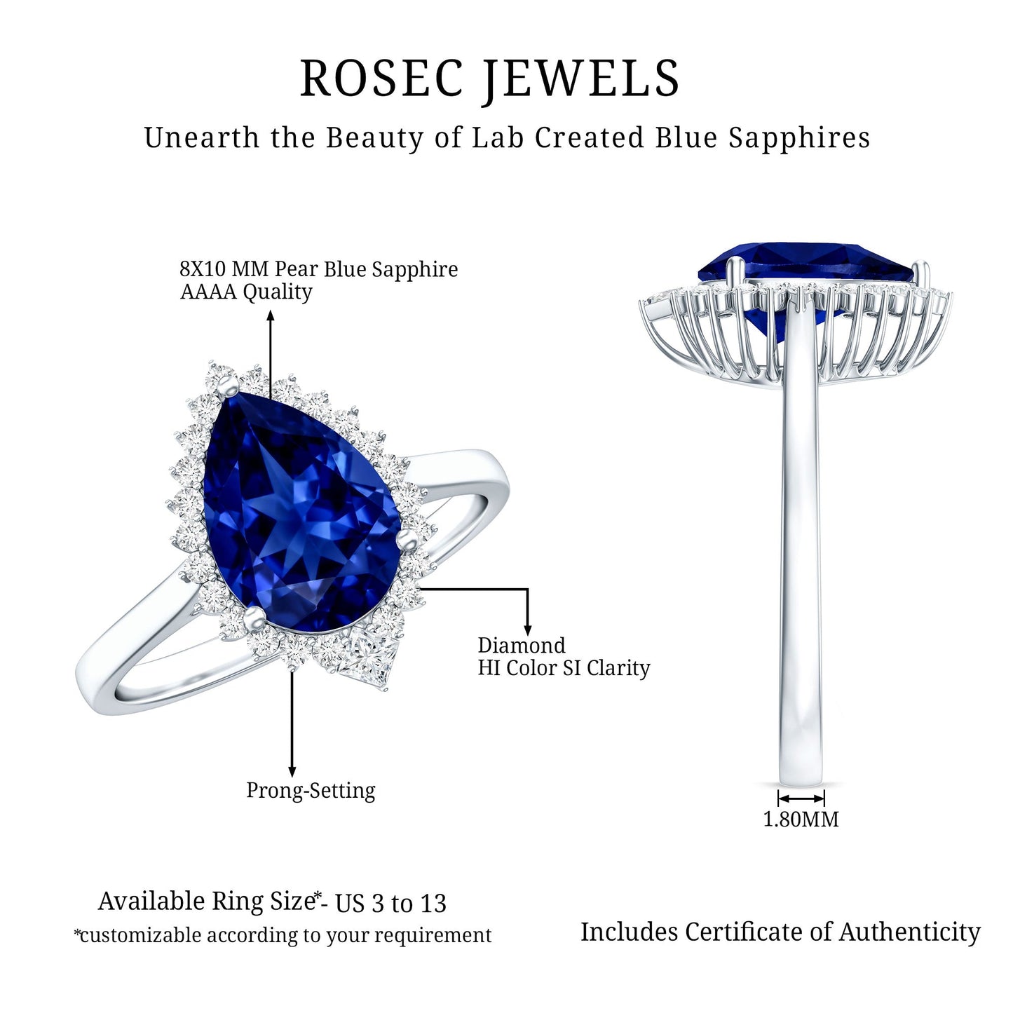 Certified 3 Carat Lab Grown Blue Sapphire Pear Shaped Engagement Ring with Diamond Halo