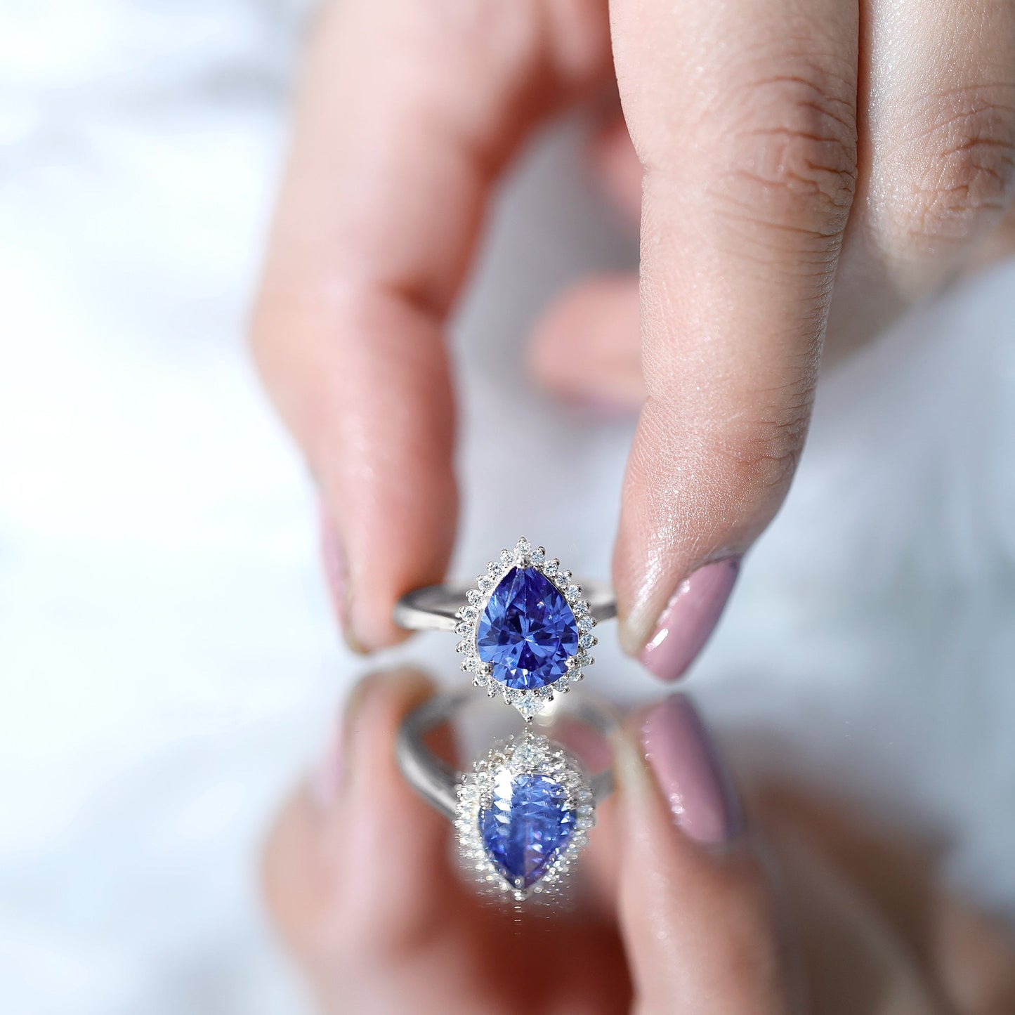 Certified 3 Carat Lab Grown Blue Sapphire Pear Shaped Engagement Ring with Diamond Halo