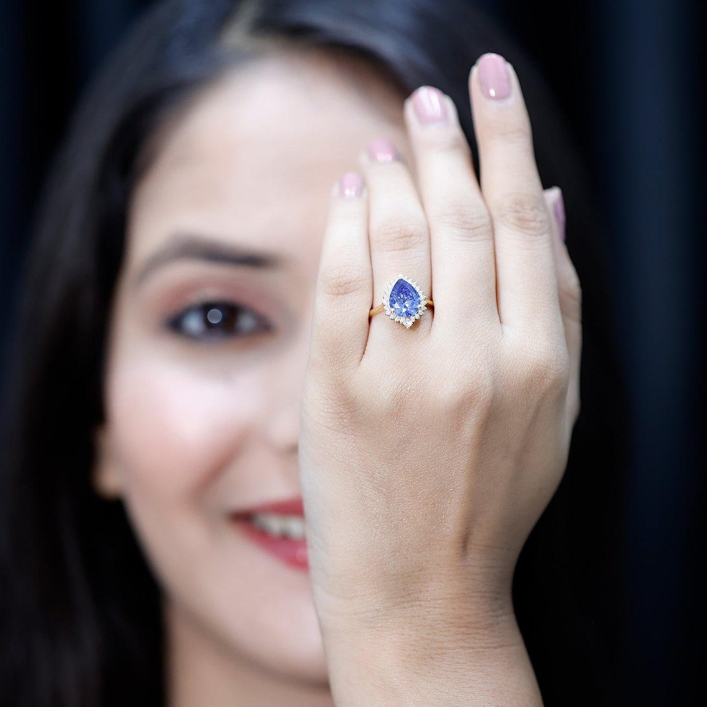 Certified 3 Carat Lab Grown Blue Sapphire Pear Shaped Engagement Ring with Diamond Halo