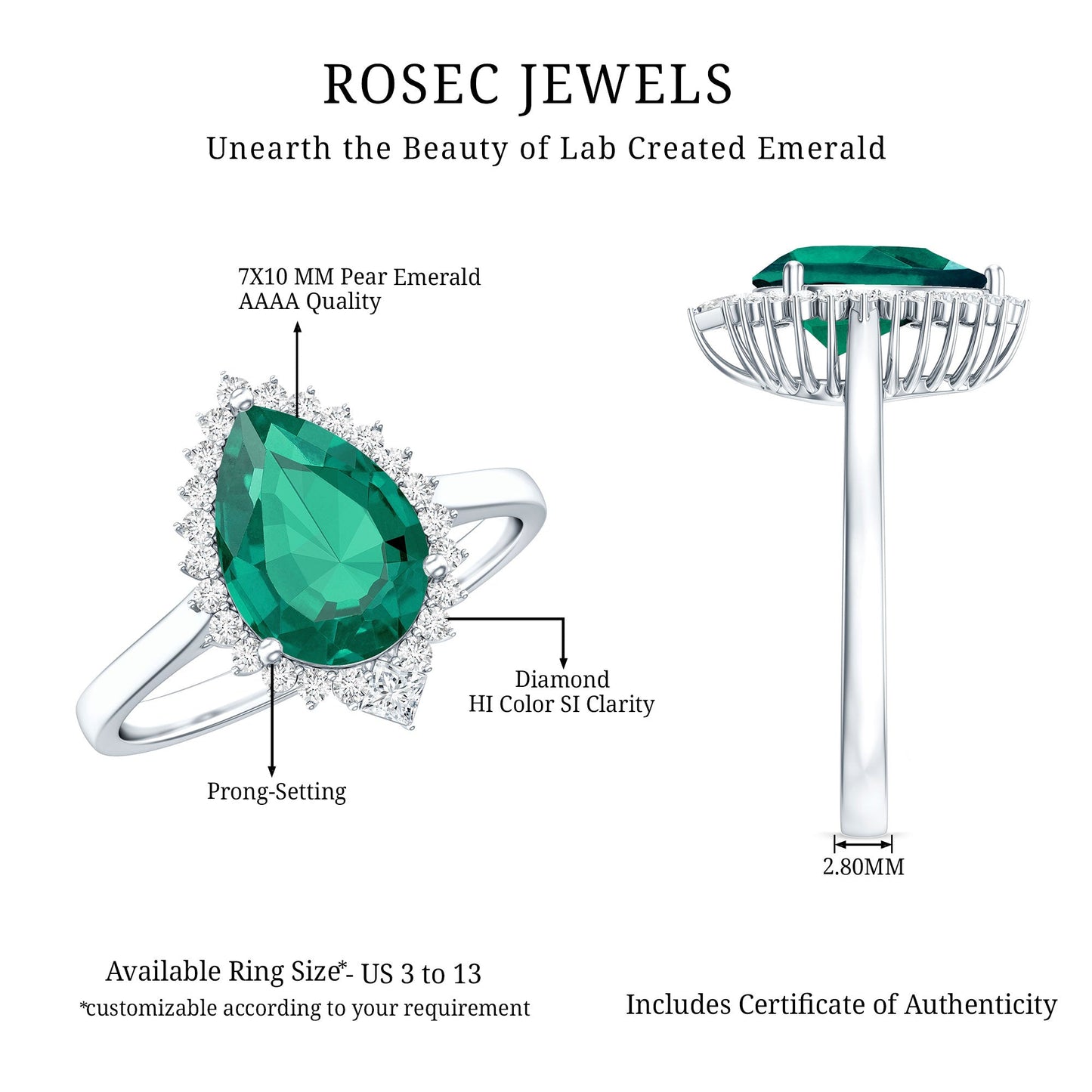 Certified 2 Carat Lab Grown Emerald Teardrop Engagement Ring with Diamond Halo