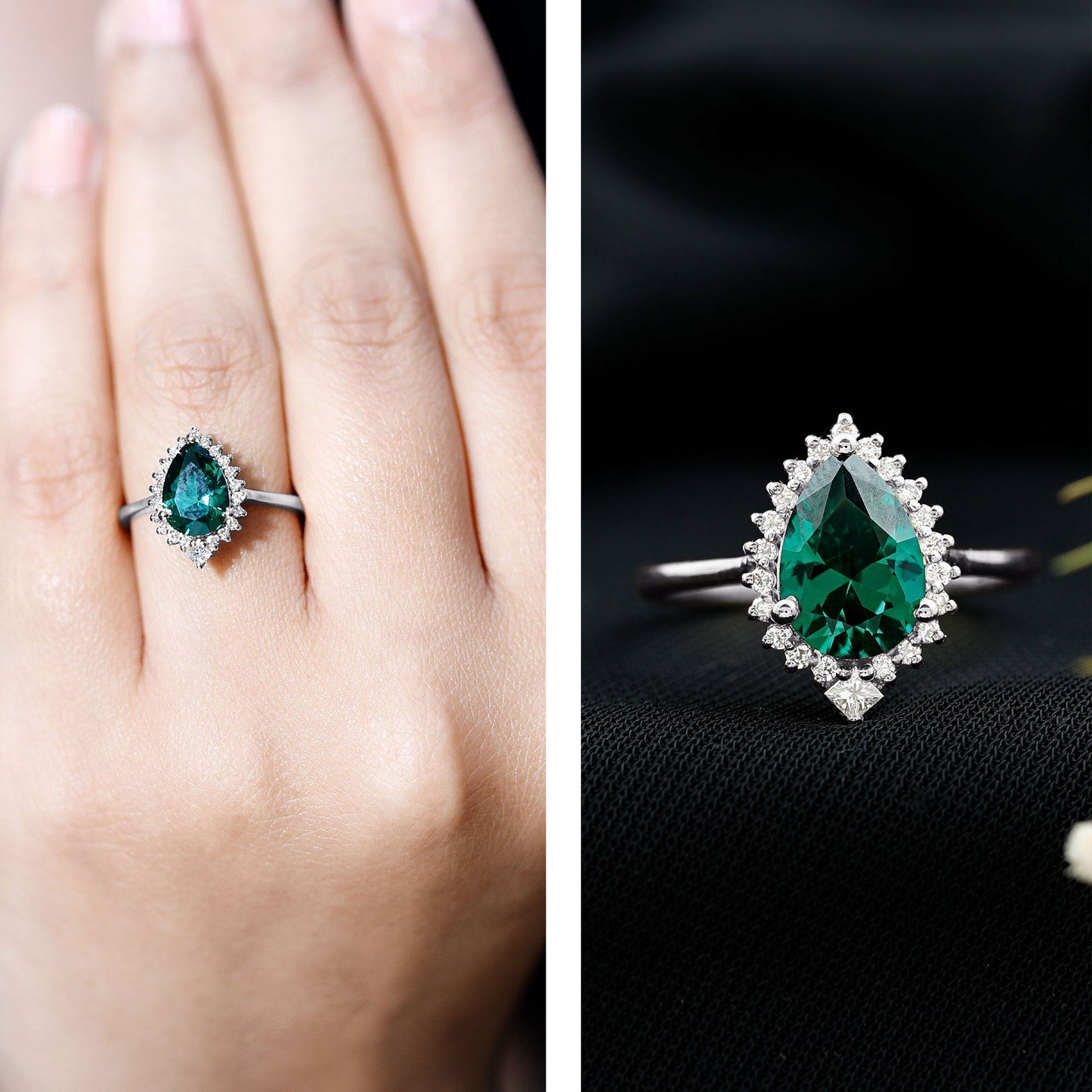 Certified 2 Carat Lab Grown Emerald Teardrop Engagement Ring with Diamond Halo