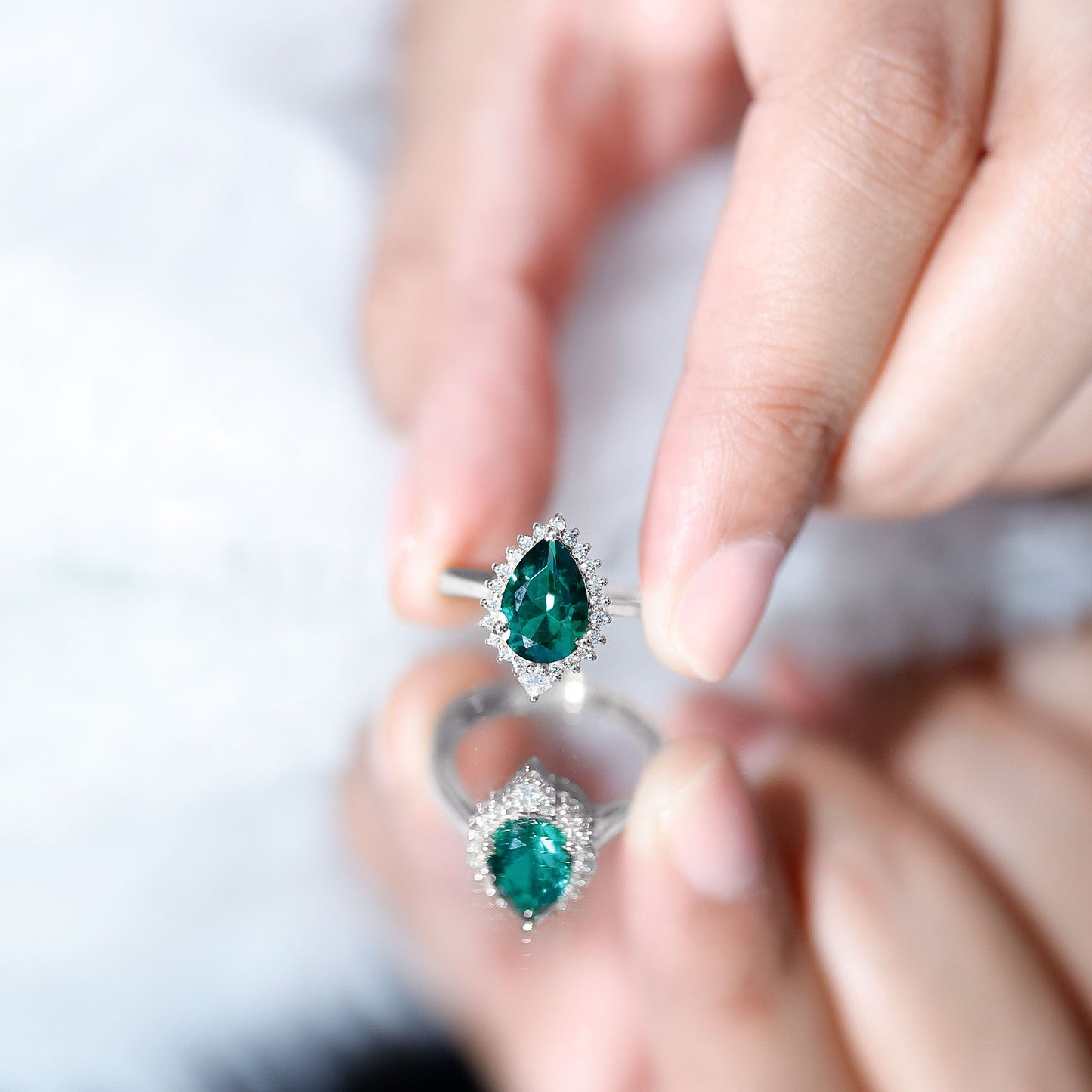 Certified 2 Carat Lab Grown Emerald Teardrop Engagement Ring with Diamond Halo