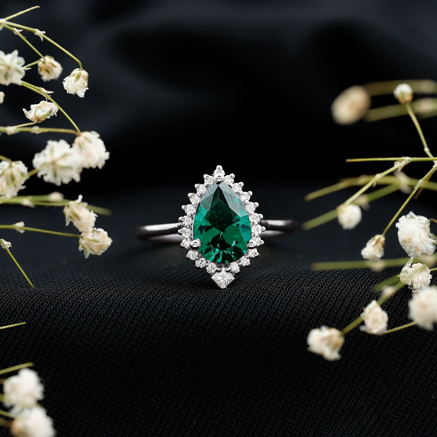 Certified 2 Carat Lab Grown Emerald Teardrop Engagement Ring with Diamond Halo