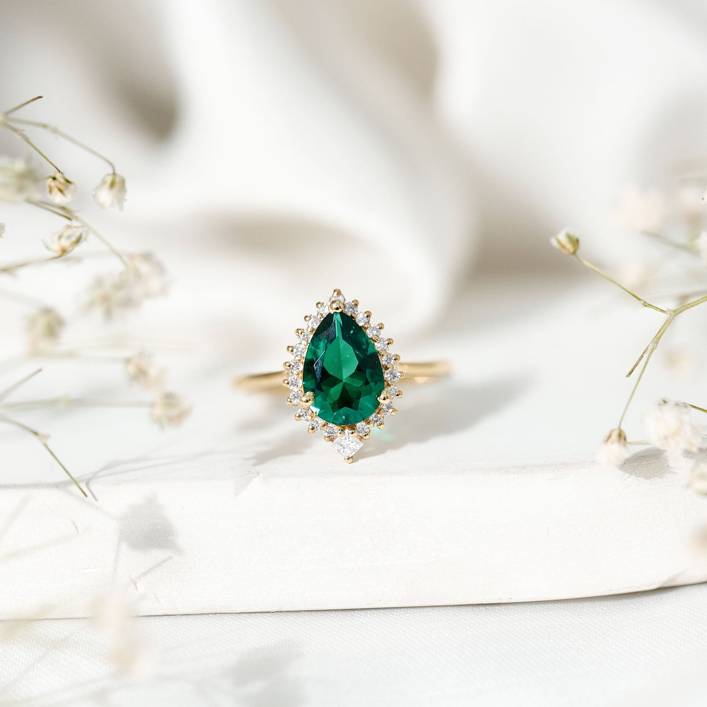 Certified 2 Carat Lab Grown Emerald Teardrop Engagement Ring with Diamond Halo