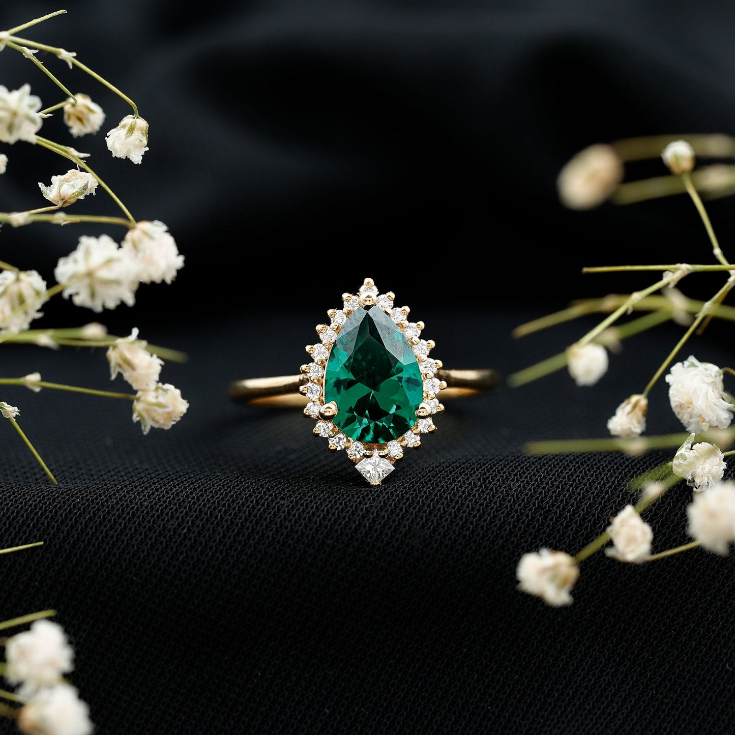 Certified 2 Carat Lab Grown Emerald Teardrop Engagement Ring with Diamond Halo