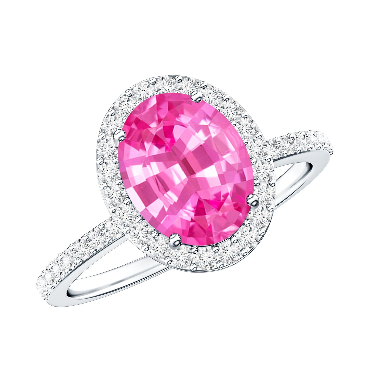 Oval Cut Created Pink Sapphire and Diamond Halo Ring
