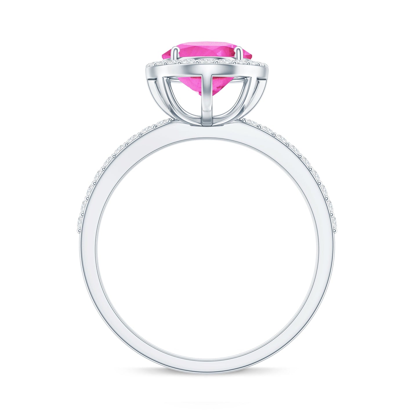 Oval Cut Created Pink Sapphire and Diamond Halo Ring
