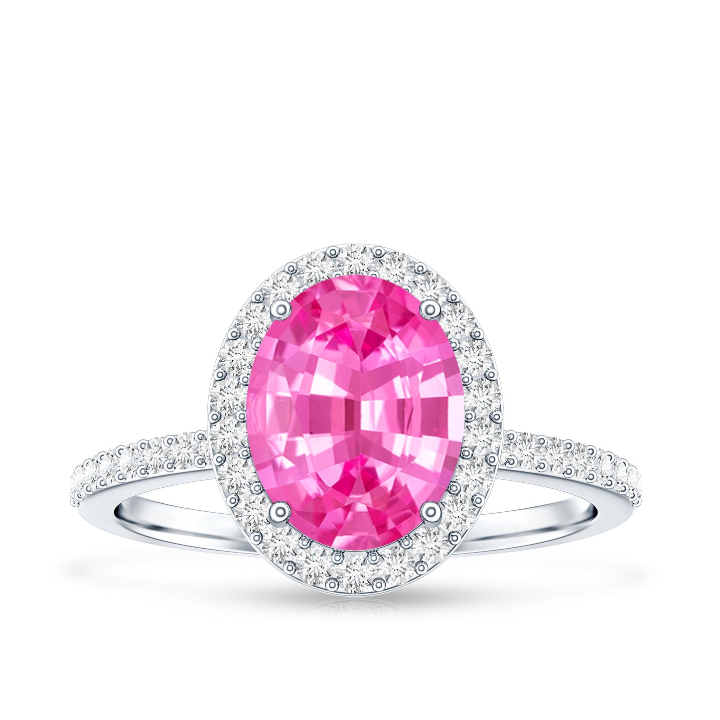 Oval Cut Created Pink Sapphire and Diamond Halo Ring