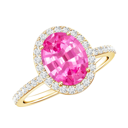 Oval Cut Created Pink Sapphire and Diamond Halo Ring