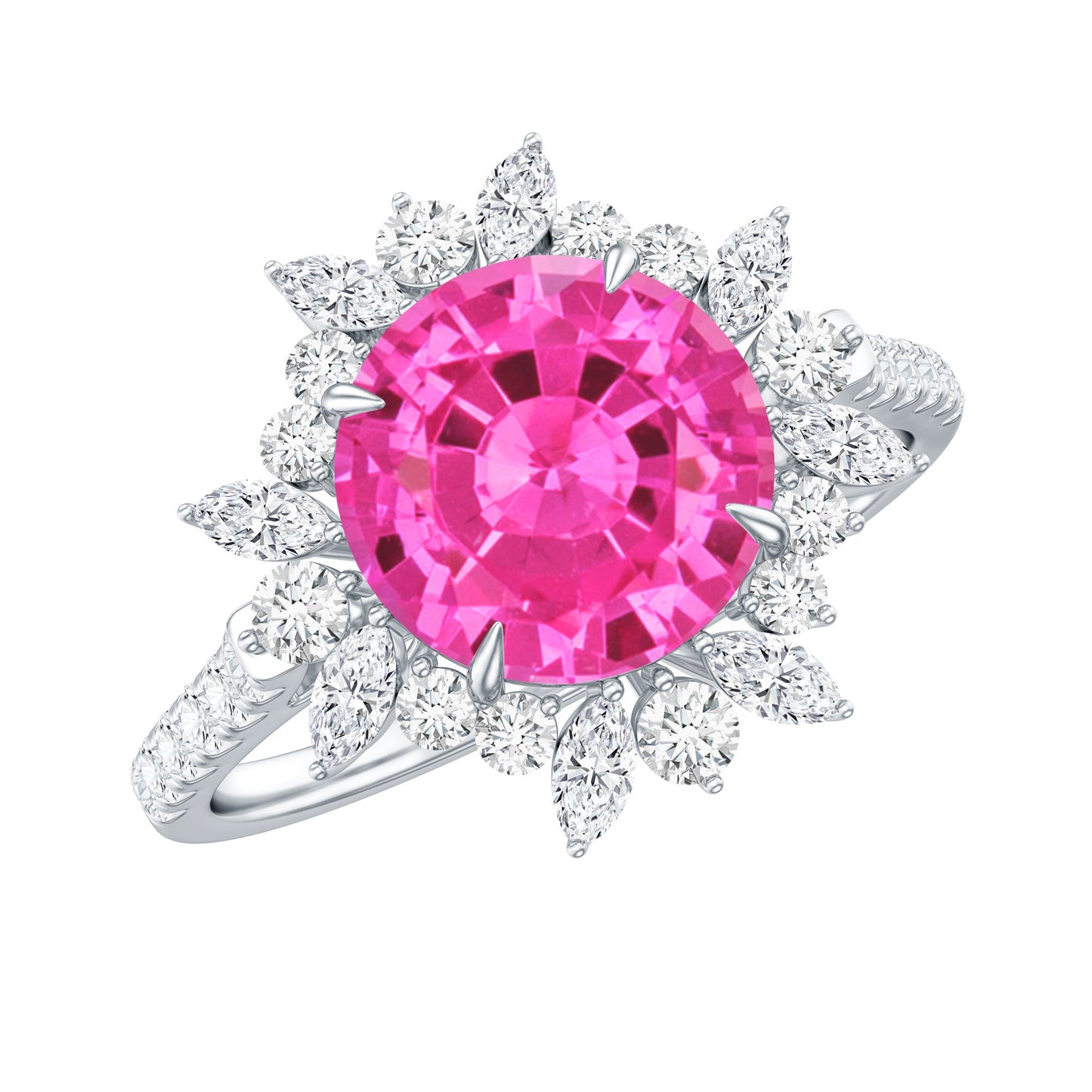 Created Pink Sapphire Cocktail Ring with Moissanite Floral Halo