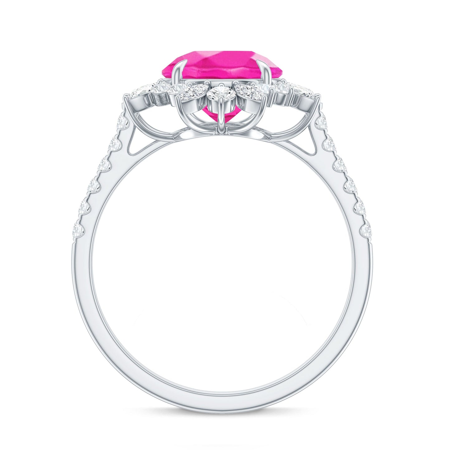 Created Pink Sapphire Cocktail Ring with Moissanite Floral Halo
