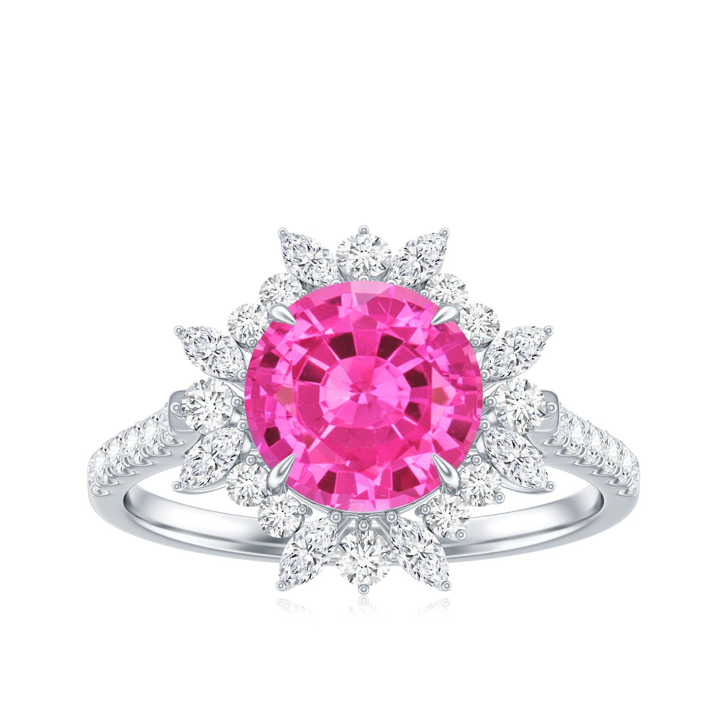 Created Pink Sapphire Cocktail Ring with Moissanite Floral Halo