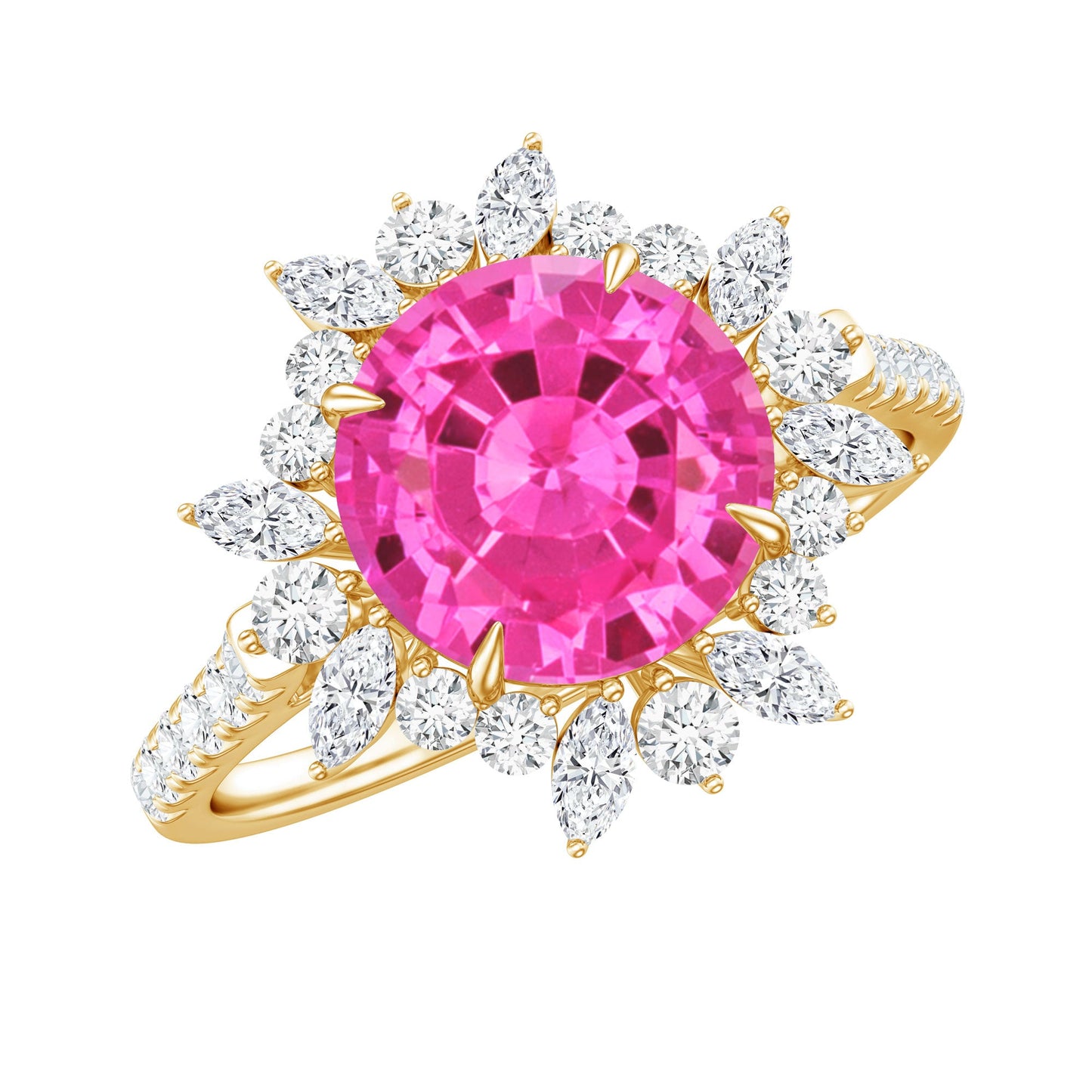 Created Pink Sapphire Cocktail Ring with Moissanite Floral Halo