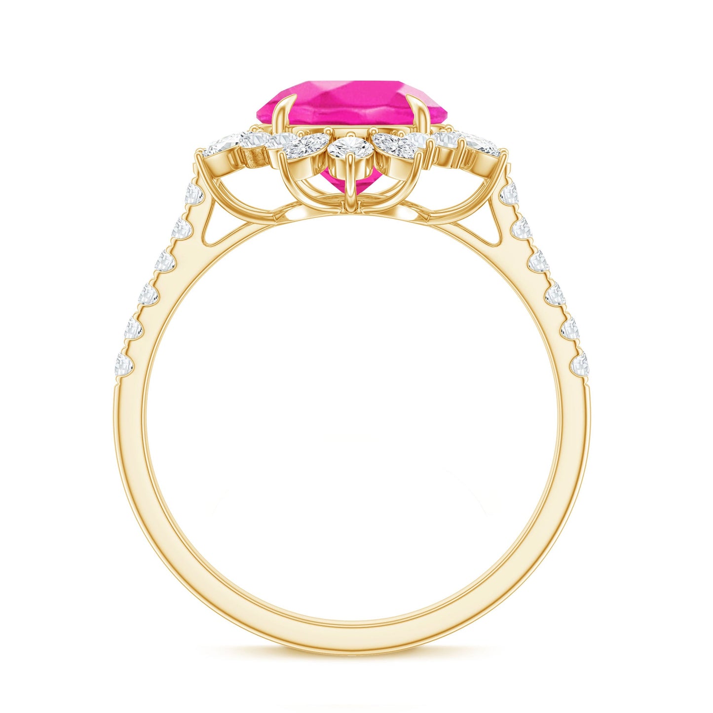 Created Pink Sapphire Cocktail Ring with Moissanite Floral Halo