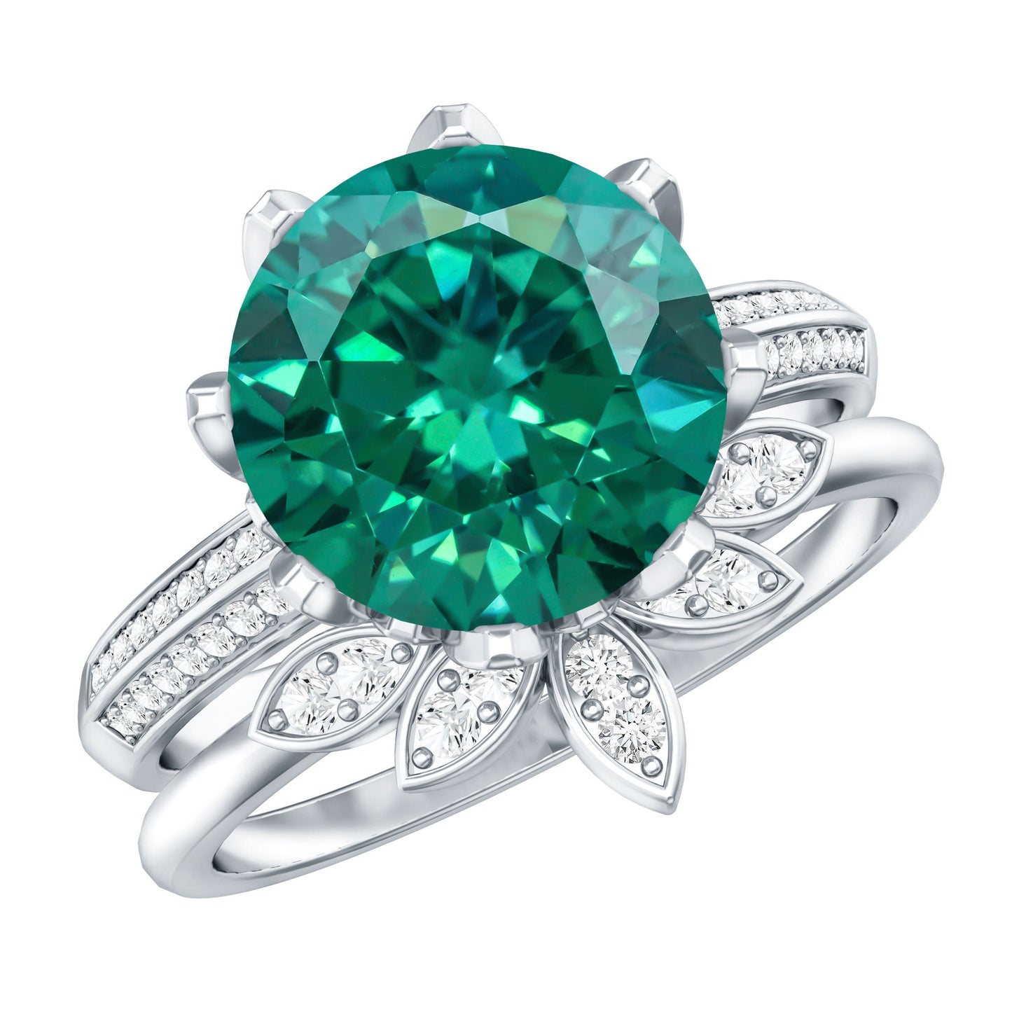 Floral Inspired Lab Grown Emerald Bridal Engagement Ring With Moissanite Enhancer