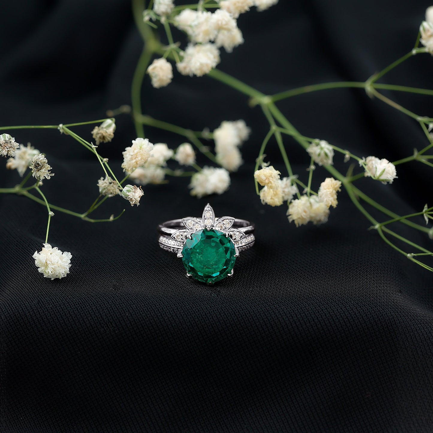 Floral Inspired Lab Grown Emerald Bridal Engagement Ring With Moissanite Enhancer