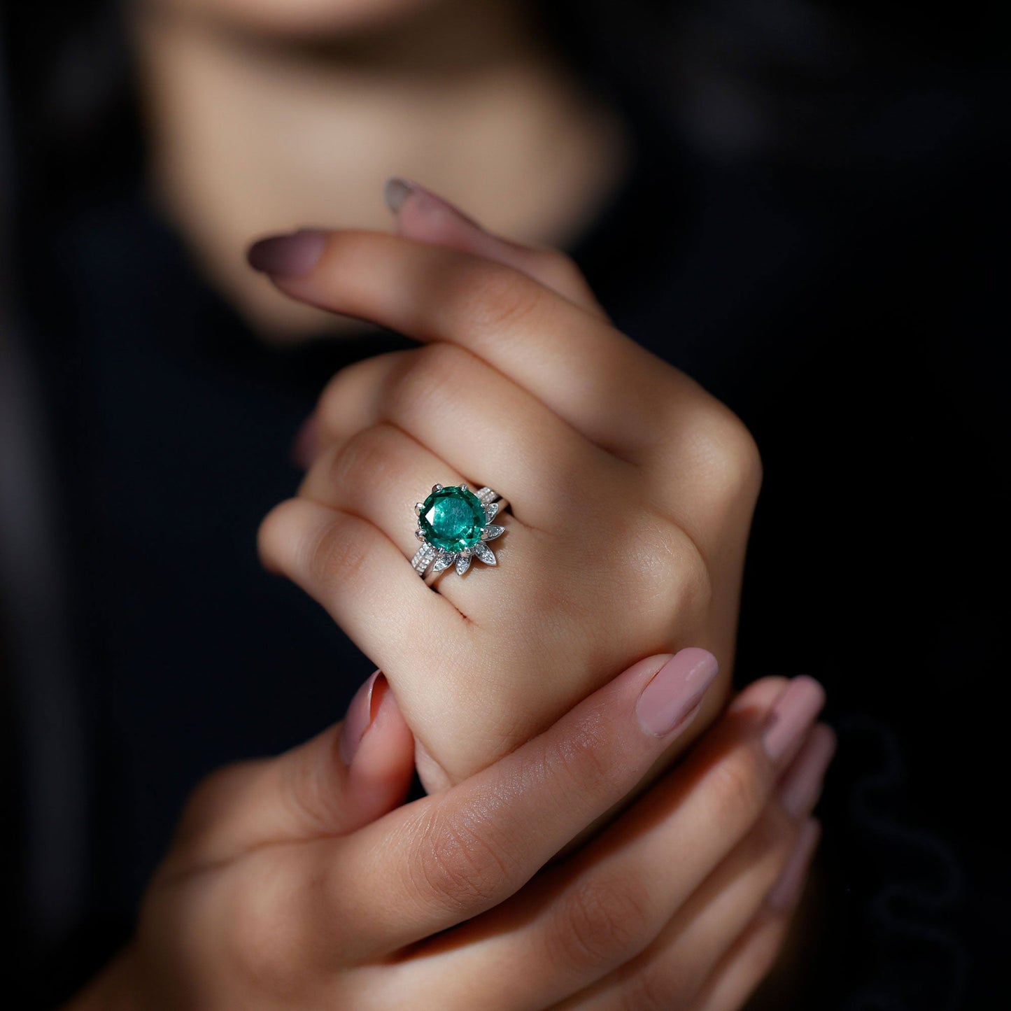 Floral Inspired Lab Grown Emerald Bridal Engagement Ring With Moissanite Enhancer