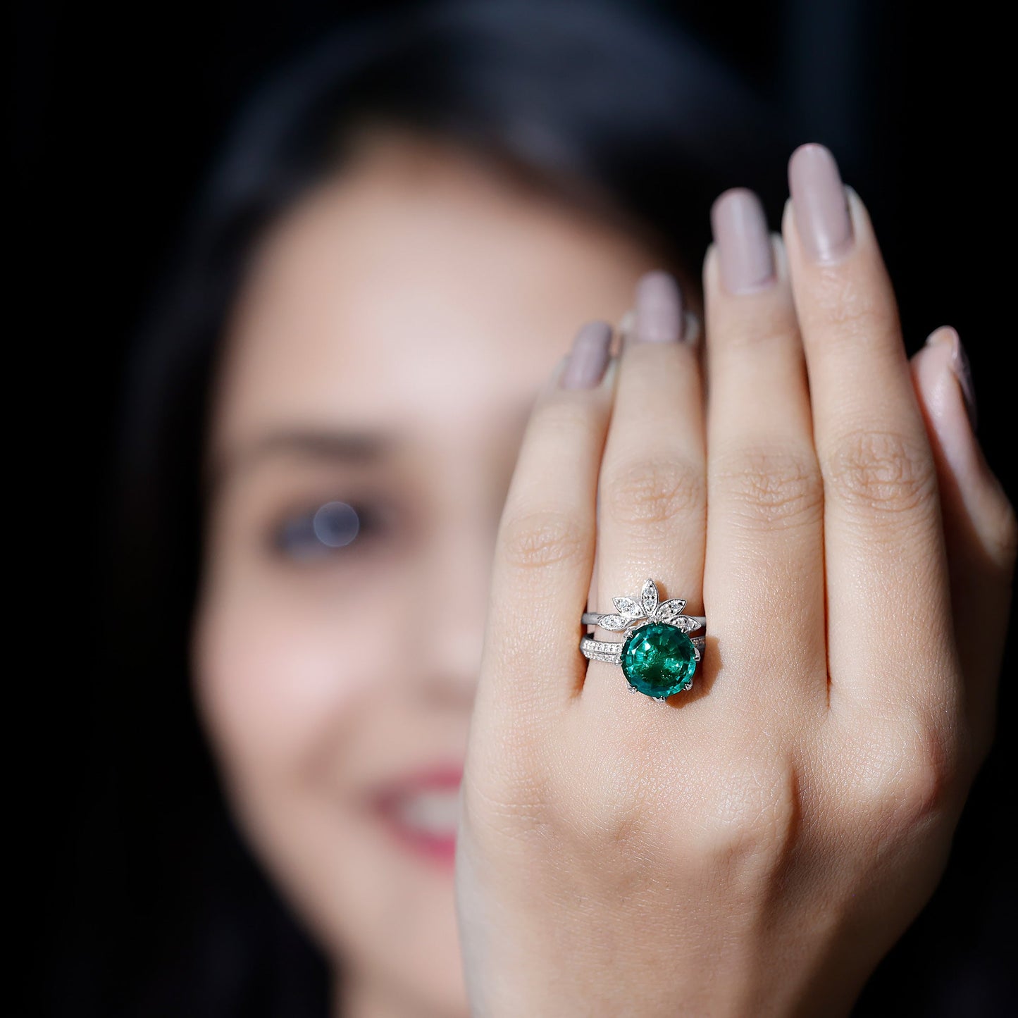 Floral Inspired Lab Grown Emerald Bridal Engagement Ring With Moissanite Enhancer