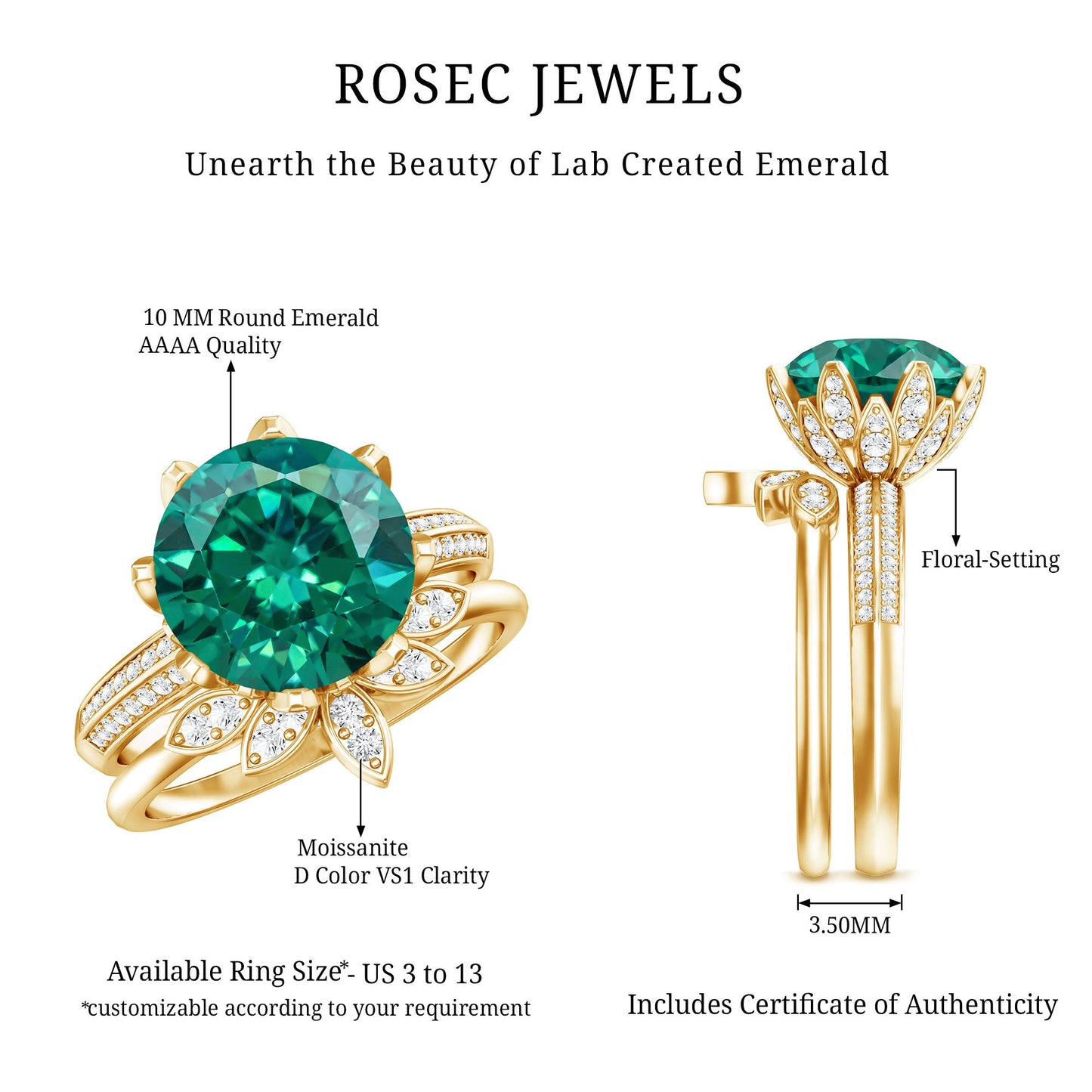 Floral Inspired Lab Grown Emerald Bridal Engagement Ring With Moissanite Enhancer