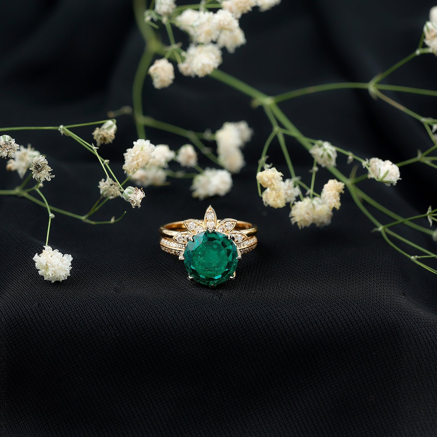Floral Inspired Lab Grown Emerald Bridal Engagement Ring With Moissanite Enhancer