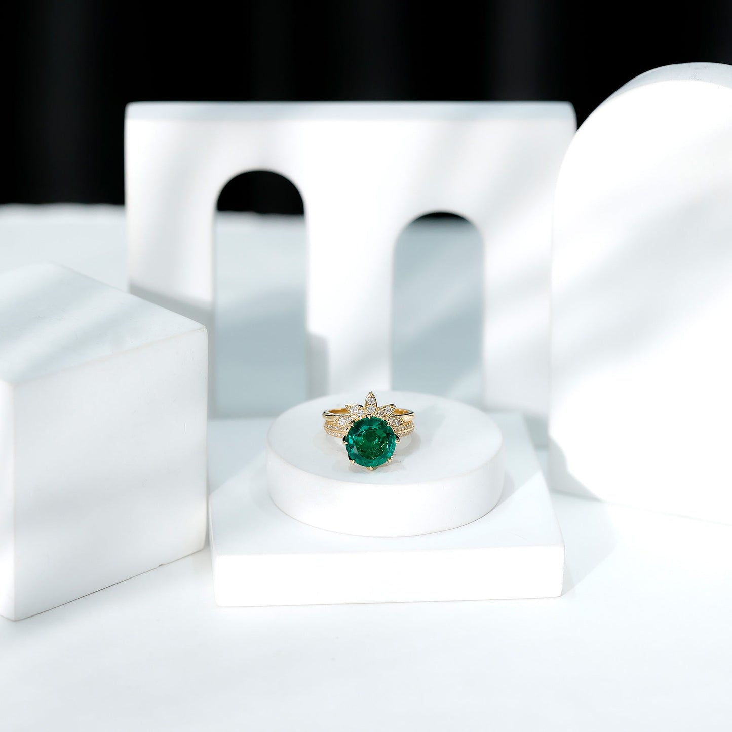 Floral Inspired Lab Grown Emerald Bridal Engagement Ring With Moissanite Enhancer