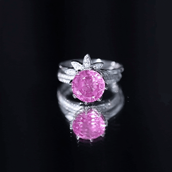 Floral Inspired Lab Grown Pink Sapphire Bridal Wedding Ring Set With Moissanite