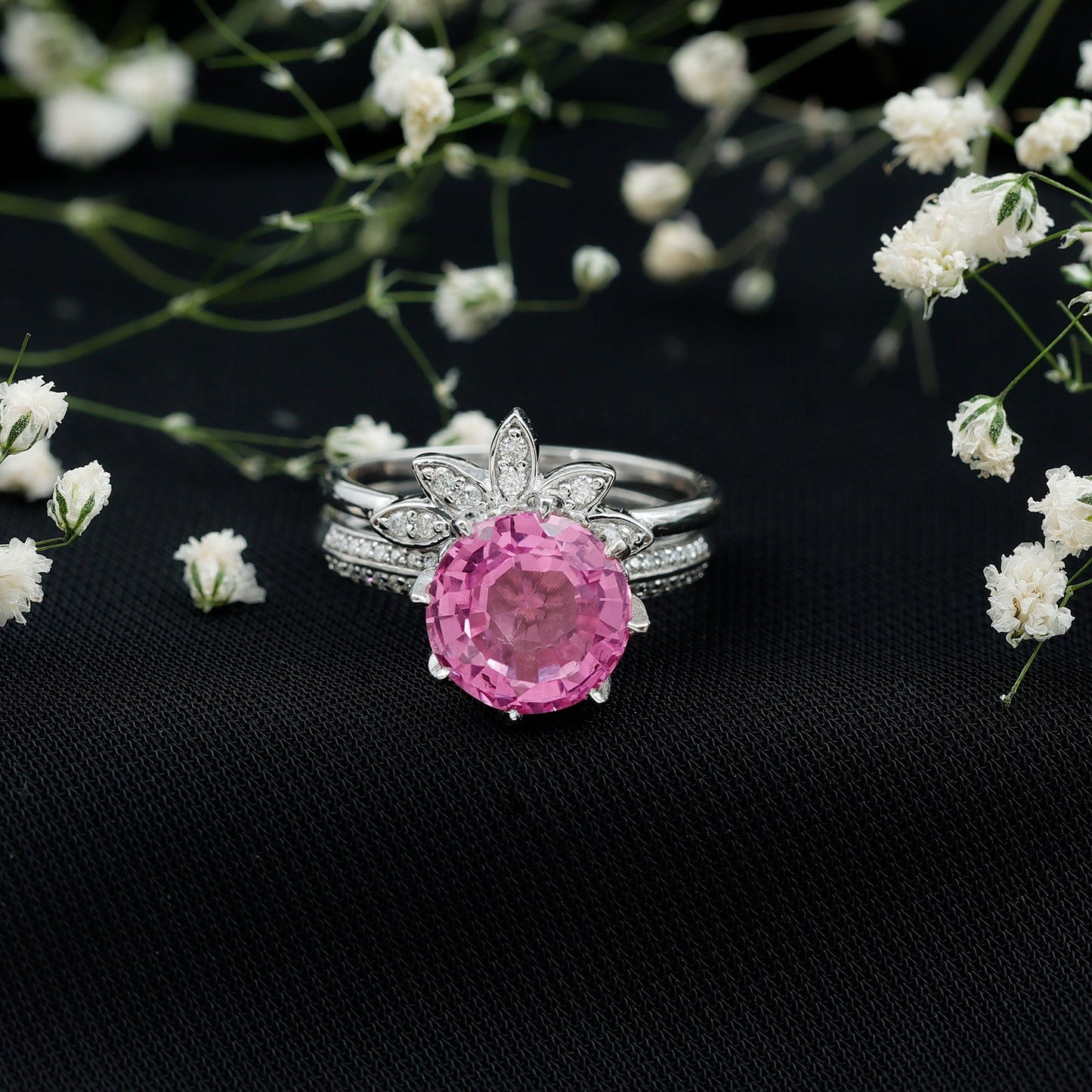 Floral Inspired Lab Grown Pink Sapphire Bridal Wedding Ring Set With Moissanite