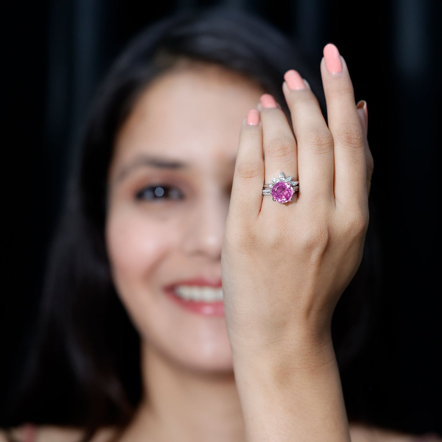 Floral Inspired Lab Grown Pink Sapphire Bridal Wedding Ring Set With Moissanite