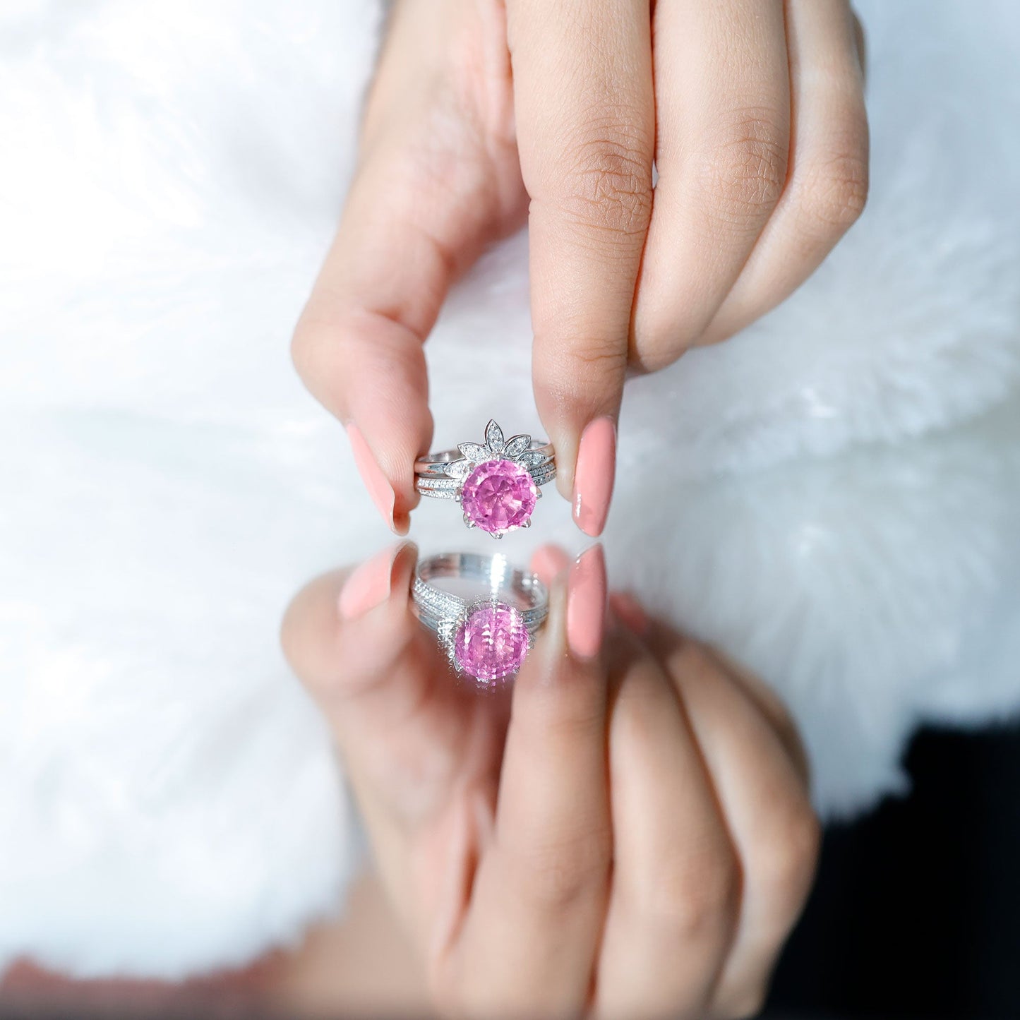 Floral Inspired Lab Grown Pink Sapphire Bridal Wedding Ring Set With Moissanite